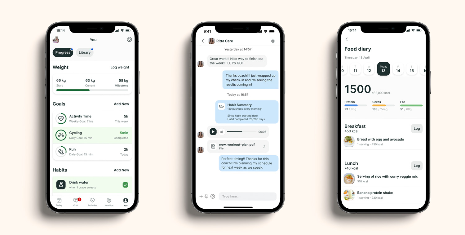 A mockup of the coaching app showcasing the different features.